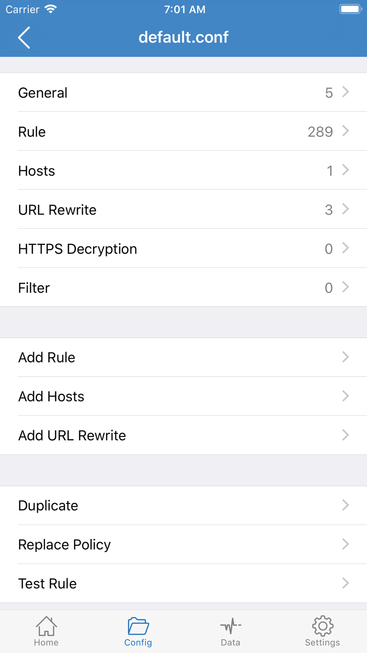 Official App Store screenshot: Shadowrocket Config editor showing sections such as General, Rule, and Hosts